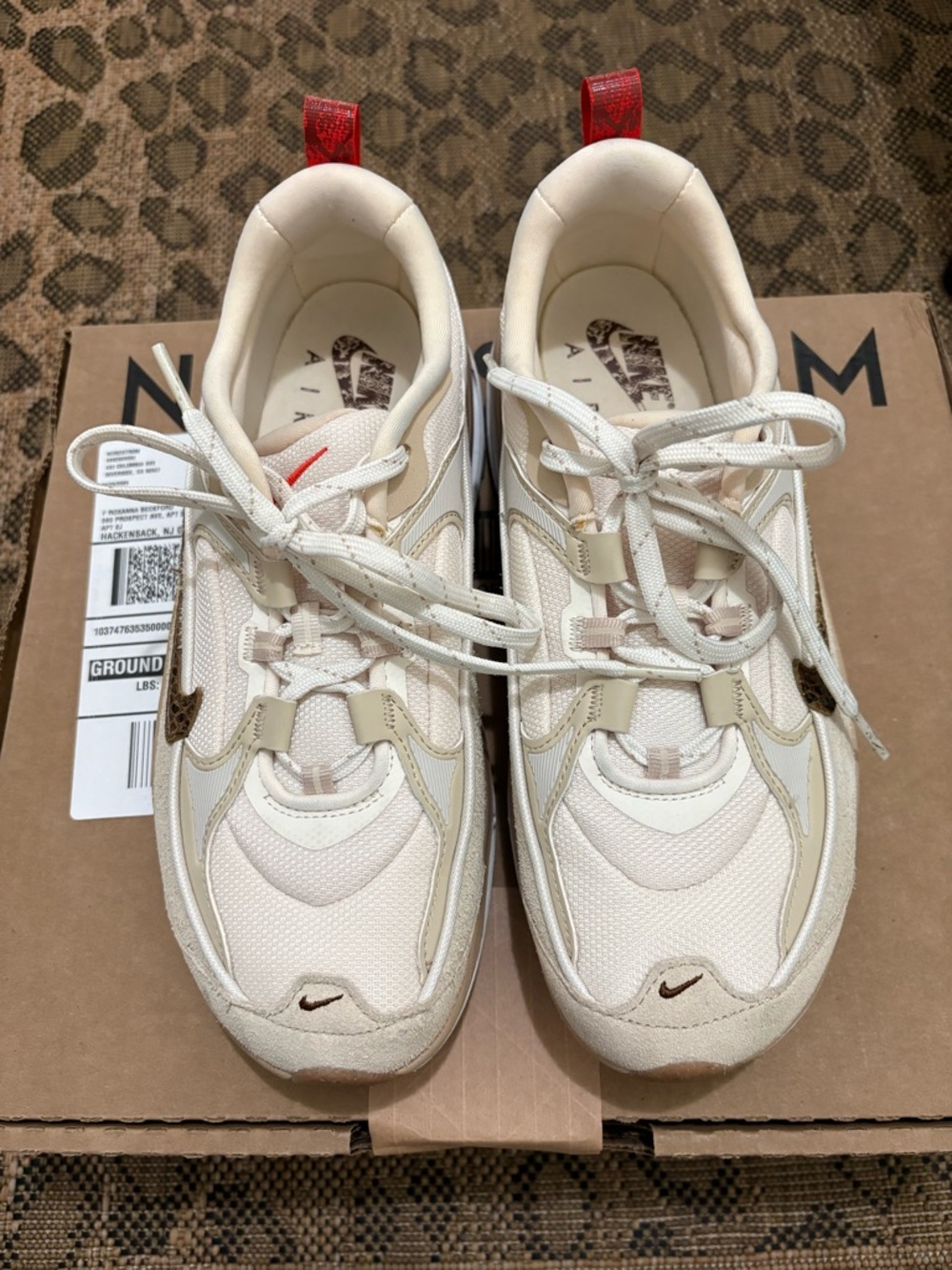 Nike Off-White and Tan Low-Top Sneakers with Red Heel Tabs